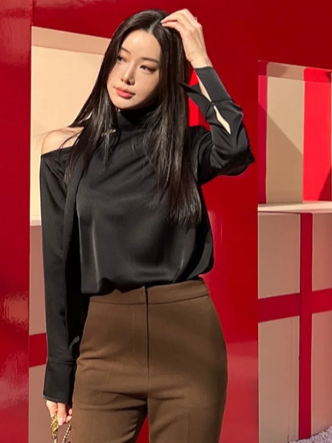 

Chic Autumnal Vintage Design irt Asymmetrical Long Sve oulder Bared Stand Collar Sa Draped Regular Length Pure Color