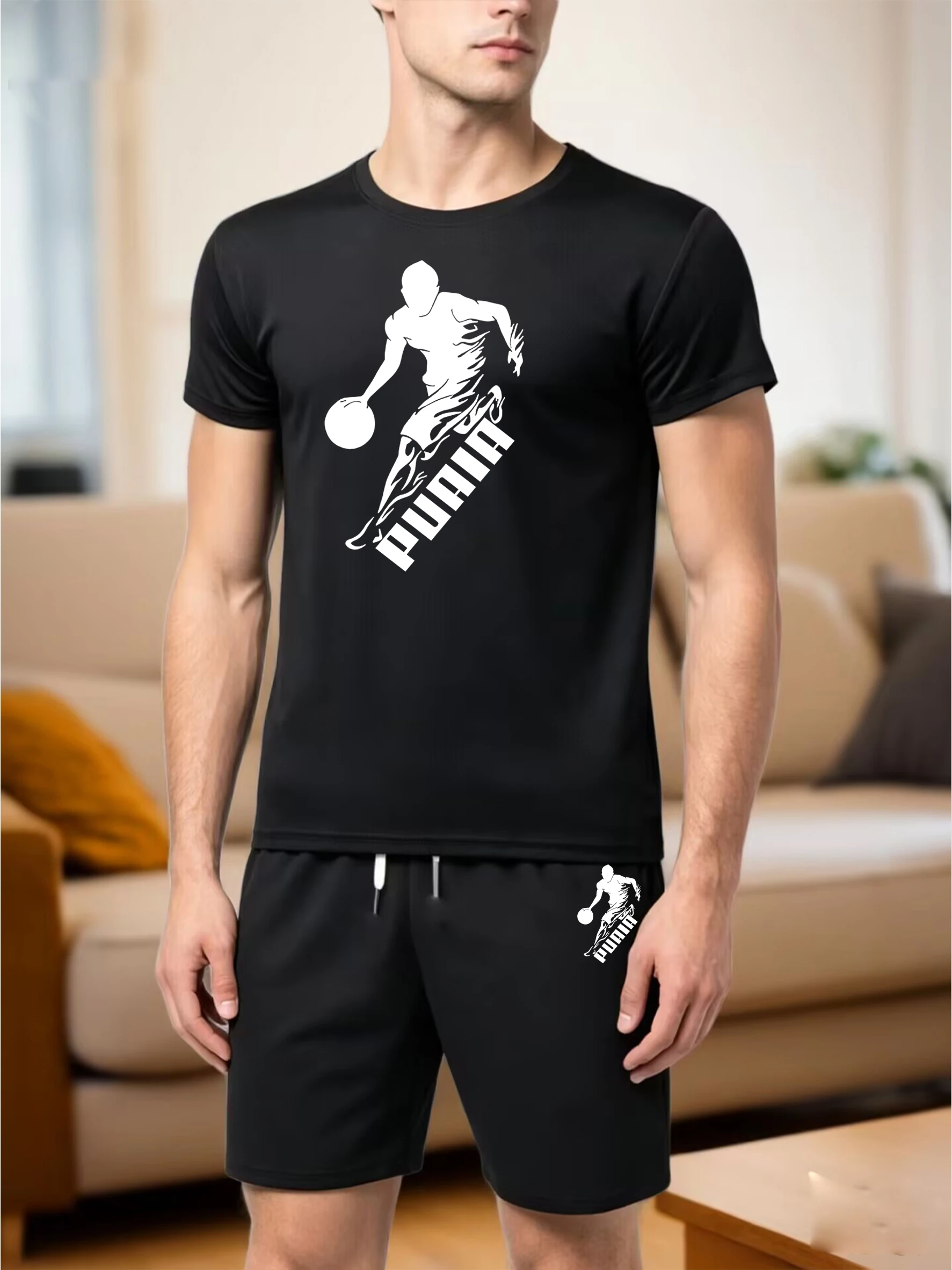 Conjunto Deportivo de 2 Piezas con Estampado de Baloncesto para Hombre - Camiseta de Manga Corta con Gráficos Inspirados en PUMA + Pantalones Cortos, Traje Deportivo Informal de Verano