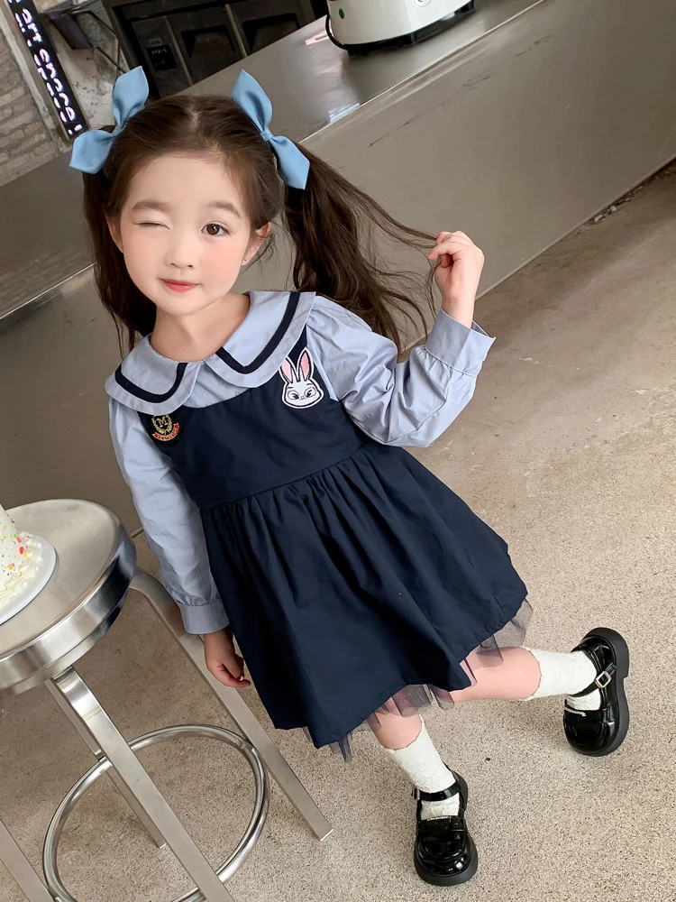 

Платье для девочек с изображением кролика и полицейского, весна-осень 2026, новые платья принцессы с длинными рукавами, корейское милое модное платье трапециевидной формы