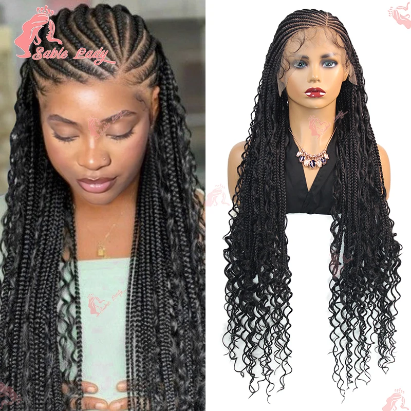 

36" Synthetic Cornrow Bohemian Braided Wigs For Black Women Full Lace Braids Hair Wigs Boho Knotless Box Braiding Hair Curly Wig