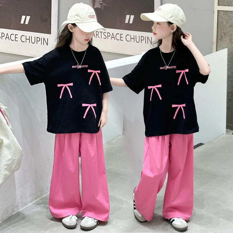 Venda quente crianças verão superior e inferior 2 peças conjunto de roupas com arco para meninas elegante algodão camiseta calças agasalho para crianças