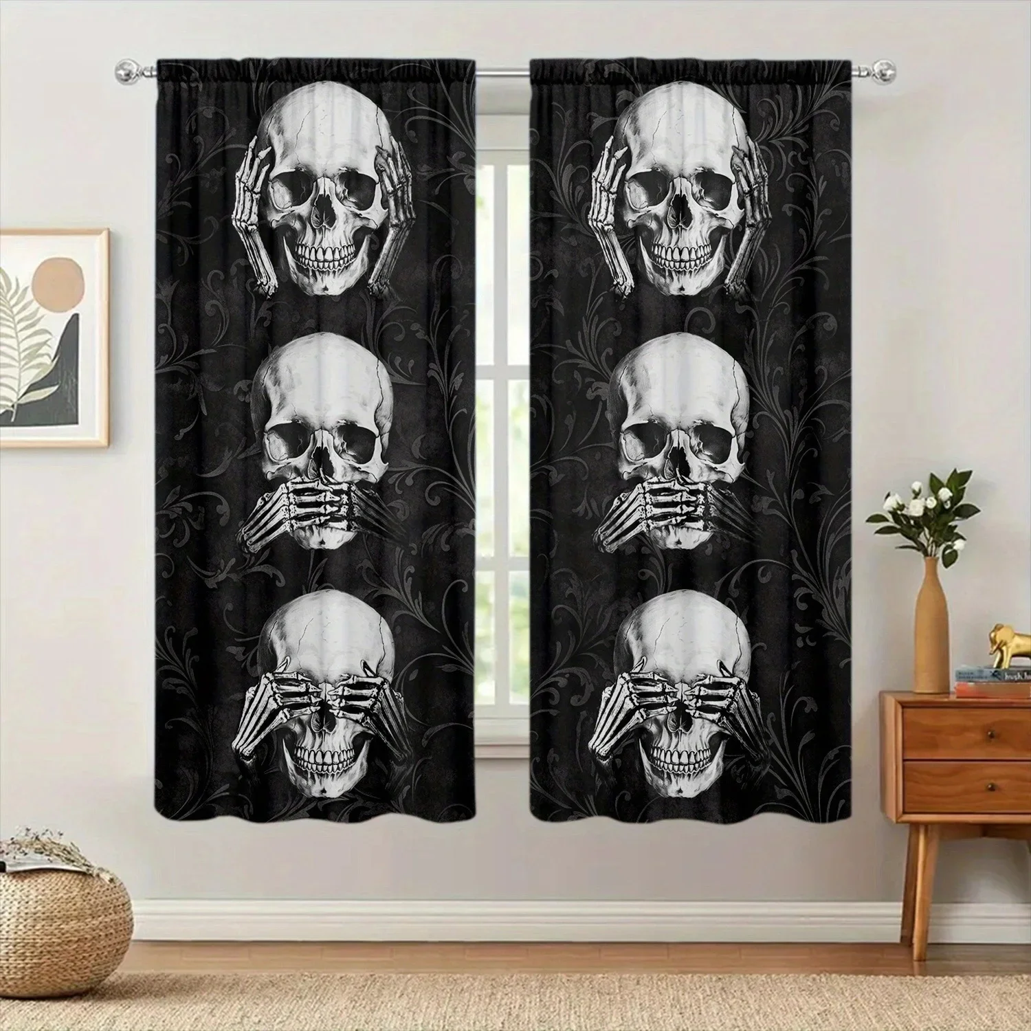 ستارة مطبوعة بثلاث جماجم حكيمة لديكور المنزل - معالجة نافذة الجيب لغرفة النوم والمطبخ وغرفة المعيشة