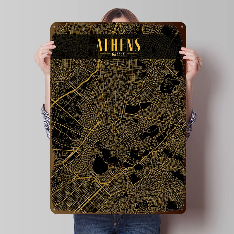 Athens Golden Map Tinplate Poster Custom Wall Art Vintage Metal Signs Retro Tin Plaque for Decoration Home Decor Items House