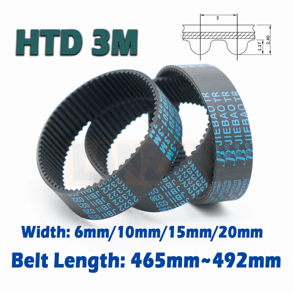 HTD 3M Width 6/10/15/20mm Closed Loop Timing Belt Rubber Drive CNC 465 468 471 474 477 480 483 486 489 492mm 3M Length 435~462mm