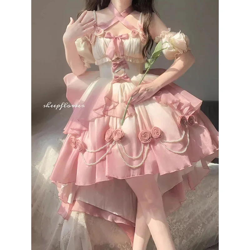 Gradient powder cutout front short after gorgeous sweet lolita Lolita Heavy heavy train princess dress