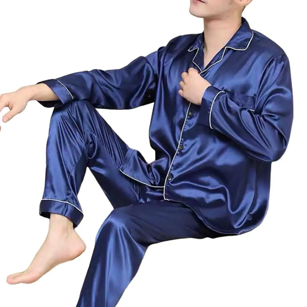 Men Pajama Set Elegant Satin Men's Pajamas Set with Long Sleeve Shirt Wide Leg Pants Soft Homewear Sleepwear for Fall Spring