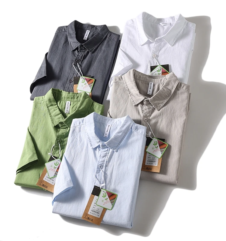 

Cloud Comfortable Breathable Natural Cotton Linen Men's Short Sleeve Pure Color Shirt Trendy Youth Summer Standard Fit Washed