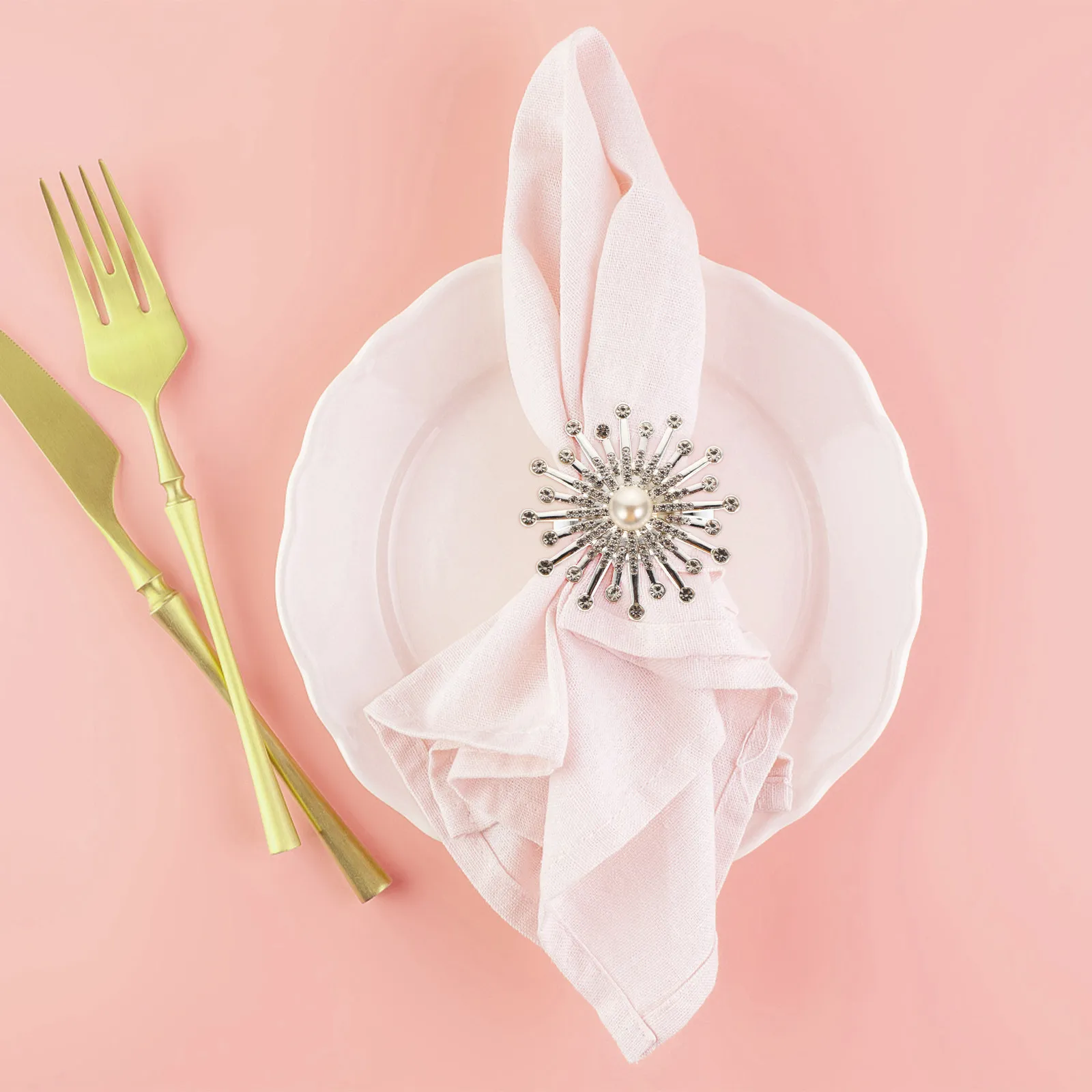 

6Pcs Napkin Ring Pearl Sunflower Shape Holder Decorative Alloy Rhinestone Table Supplies Sturdy Electroplating Graceful