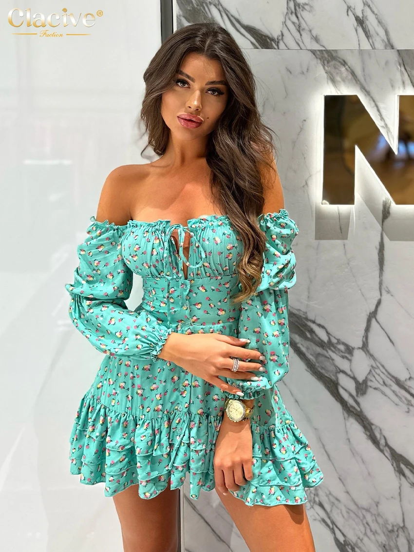 

Clacive Fashion Slim Print Womens Dresses 2024 Sexy Slash Neck Long Sleeve Mini Dress Elegant High Waist Pleated Female Dress