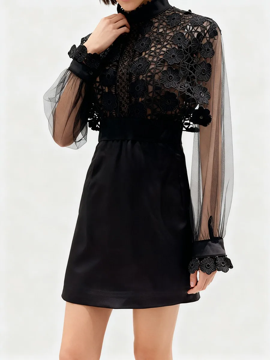 TWOTWINSTYLE スリミング シアー スプライス刺繍 ファッション ミニドレス レディース ラウンドネック 長袖 ハイウエスト ワンピース 女性用