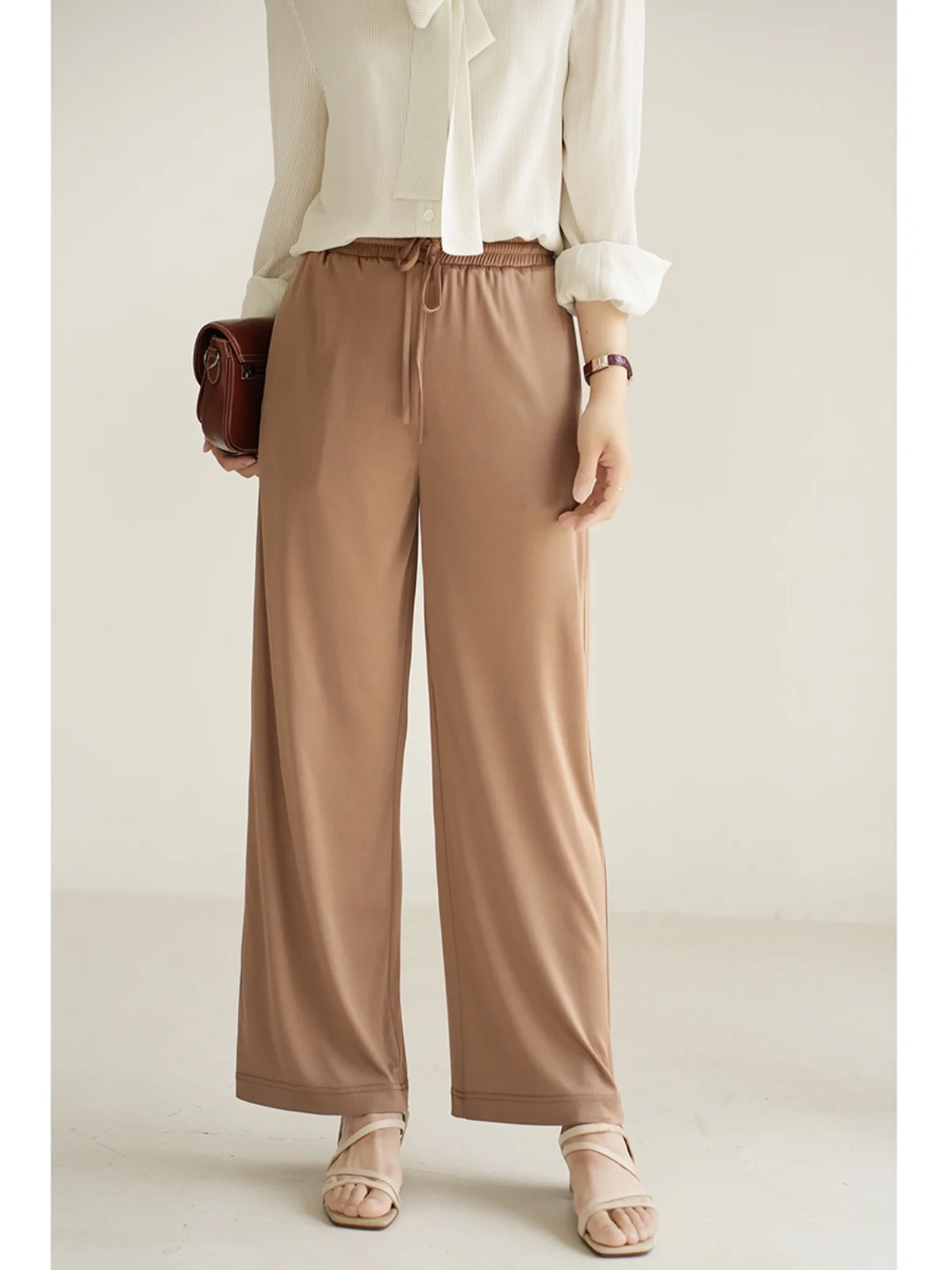 

Легкие повседневные брюки с высокой талией и широкими штанинами для женщин, летние, для работы и отдыха, простые, с деталями из ацетатного полиэстера