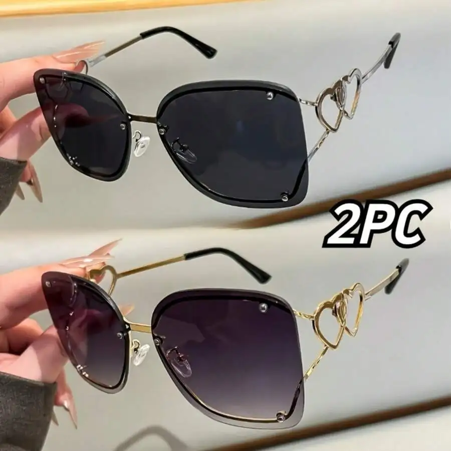 

2-Pack Womens Large Square Fashion Sunglasses With Heart Detail Frame