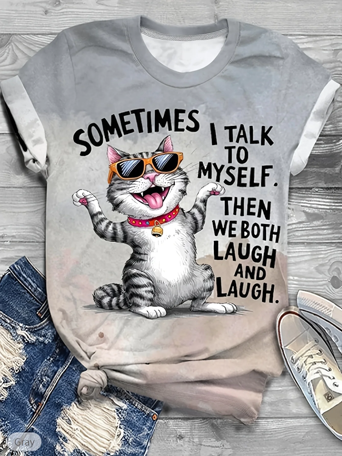 Sometimes I Talk To Myself Cat Women's Tee - Funny Graphic, Casual Gray Tie-Dye Top
