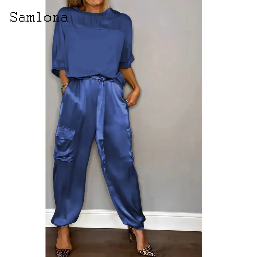 طقم بدلة رياضية من الساتان من قطعتين للنساء ، بلوزة غير رسمية ، بنطلون برباط كاكي ، بدلة عتيقة ، بلوزة مرقعة ، أنثى ، صيف ، جديد ، #6