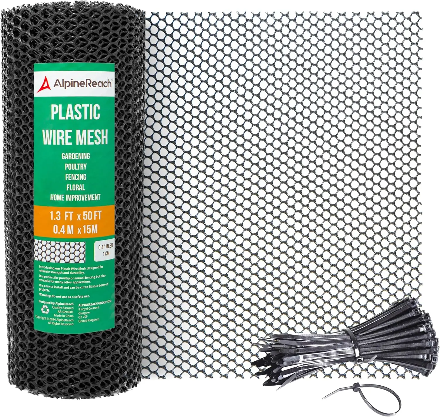 

Plastic Wire Mesh Fence Roll 1.3ft x 50ft with Zip Ties - Durable for Poultry, Dogs, Rabbit Barrier & Gardening, Black