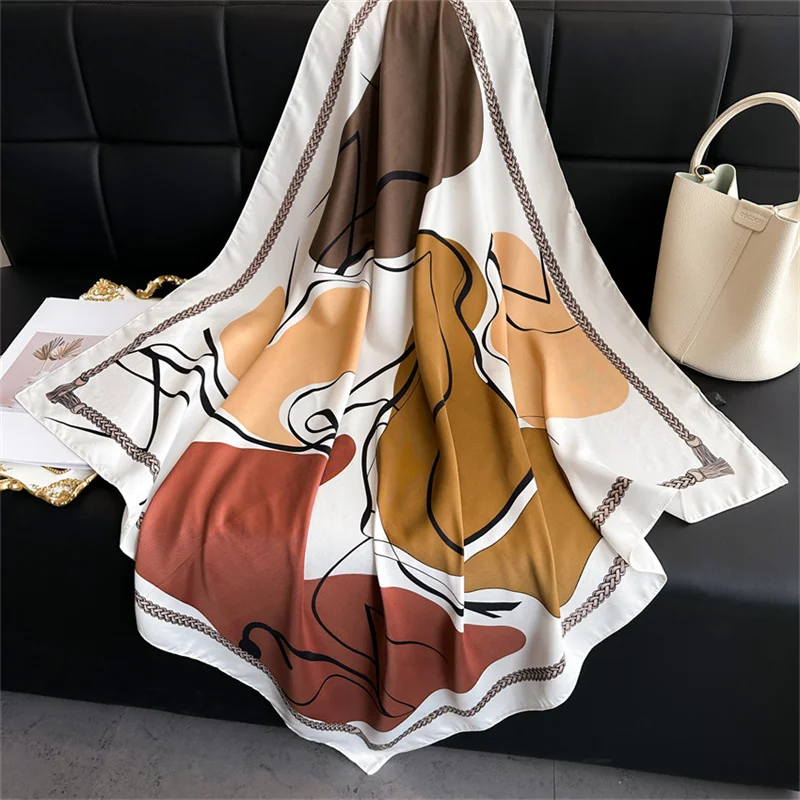 New Simple Printed Silk Scarf 90cm Twill Scarf Women Korean Style Large Square Scarf Sunscreen Shawl Headscarf Female Luxury