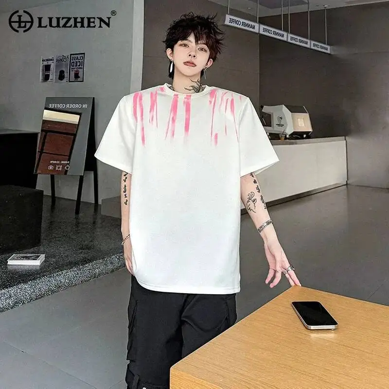 LUZHEN Neck Shoulder 2026 Stripe Summer Pad Round Original Tie-dyed T-shirts Men's Fashion Loose Short Sleeve Street Tops JY8063