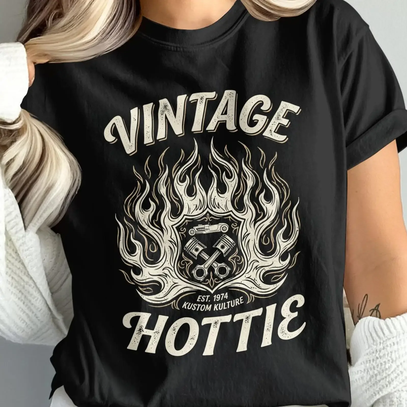 Vintage Flames Crossed Pistons Kustom Kulture T Shirt Hot Rod Mechanic vintage Washed Slightly Casual Top For Everyday Wear