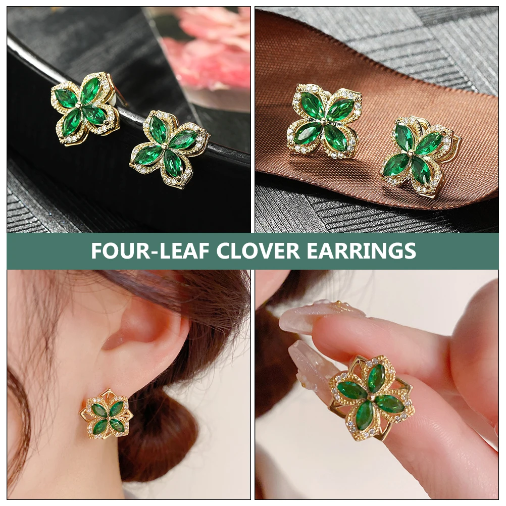 

1Pair Four-Leaf Clover Earrings Durable Zircon Studs St Patricks Day Gift Shamrock Fashion Jewelry Ear Pendants