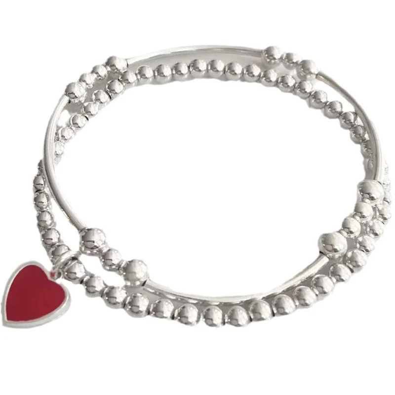 Boho Fashion Bracelets For Women New Punk Silver Color Beads Chain Red Heart Pendant Jewelry Valentine\'s Gift For Female B048