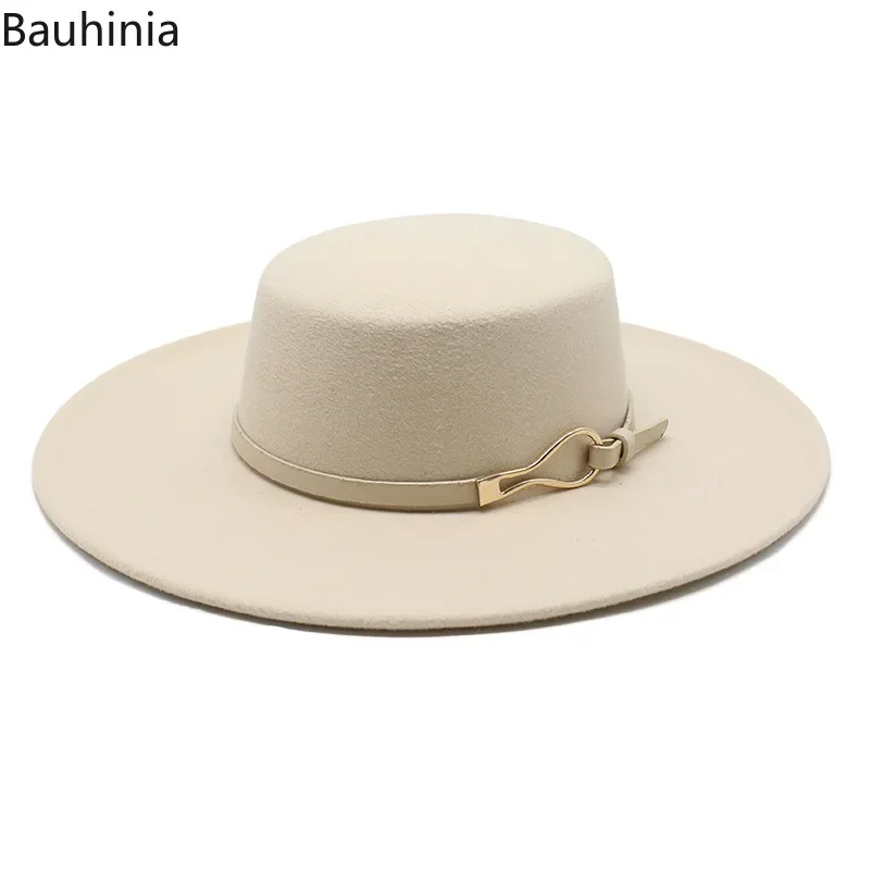 Bauhiniua Wool Felt Fedoras Jazz Cap 2022 Winter Warm Flat Top Hats 10CM Big Wide Brim Solid Color Church Hats