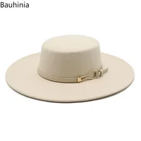 Bauhiniua Wool Felt Fedoras Jazz Cap 2022 Winter Warm Flat Top Hats 10CM Big Wide Brim Solid Color Church Hats - Image 3