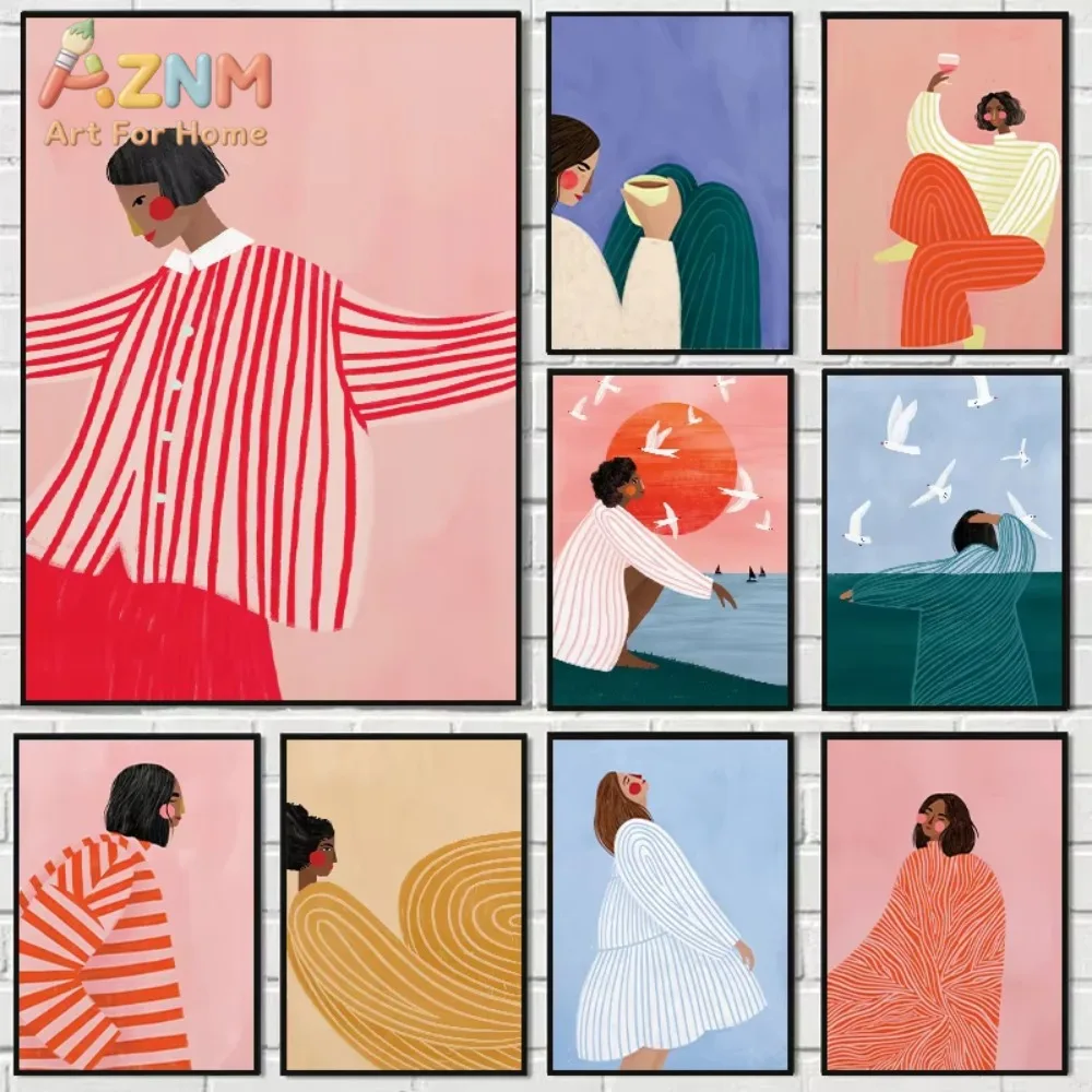 

1pc Red & Pink Striped Women Canvas Prints Minimalist Lines Smallest Portrait Illustration Art Posters for Room Home Decor