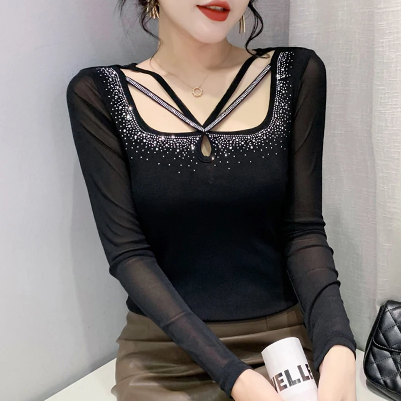 Mode coréenne femmes t-shirt évider maille diamant hauts 2025 printemps à manches longues chemise à bascule