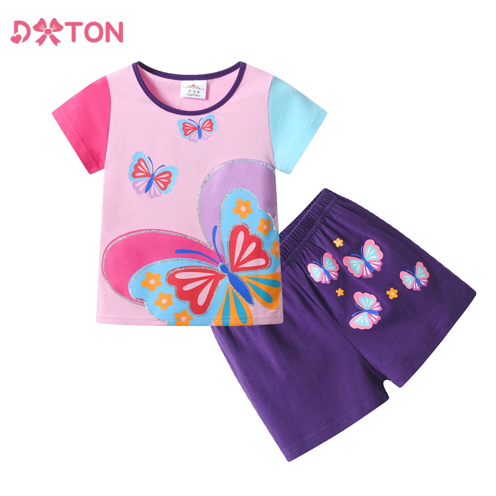 

DXTON Summer Girls Suit Short Sleeve Children Clothing Set Patchwork Cotton Girls Tops with Shorts Butterflies Girls 2 PCS Suit