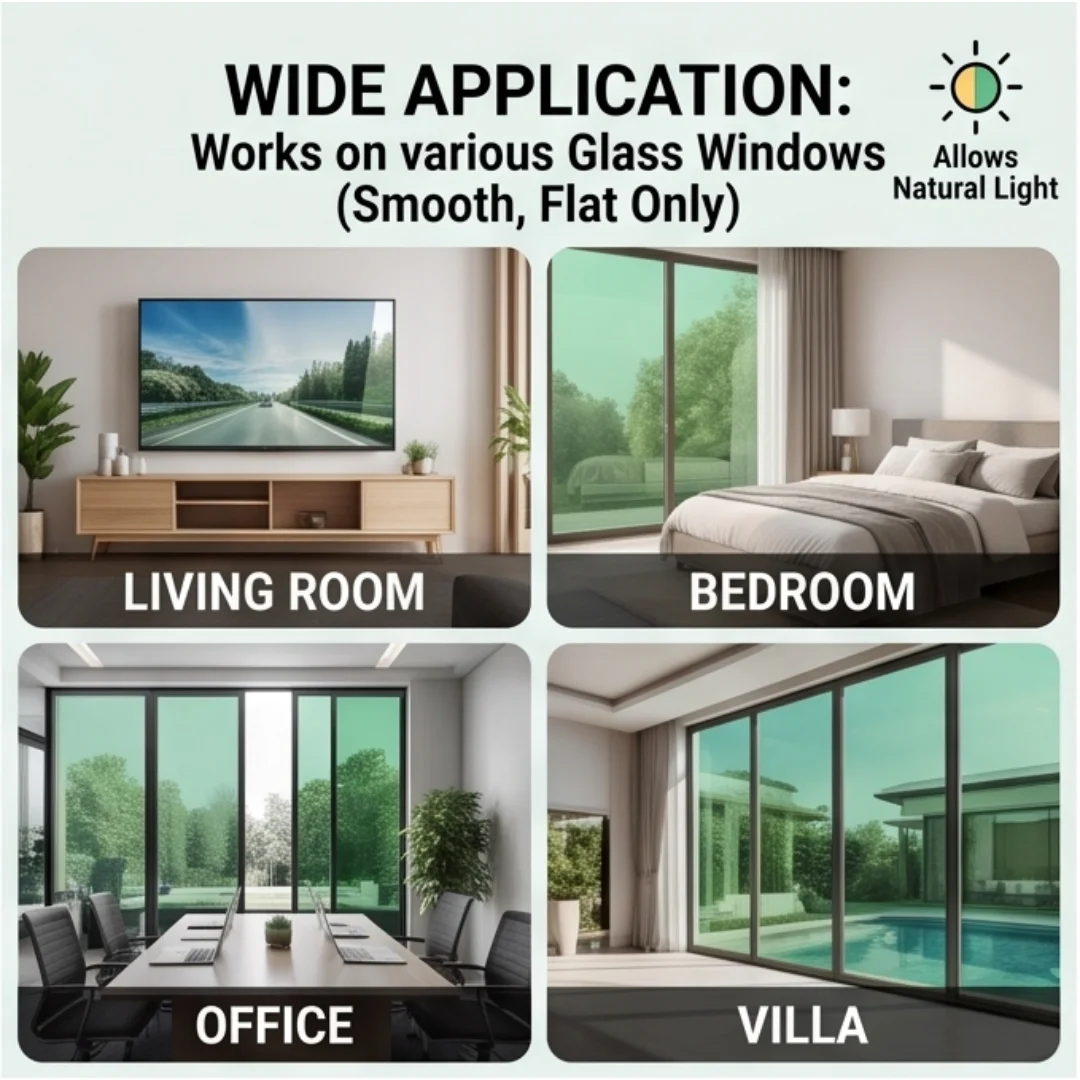 Static Cling One Way Mirror Window Film Green Front Silver Back No Glue Heat UV Block Privacy Window Tint for Home Office Glass