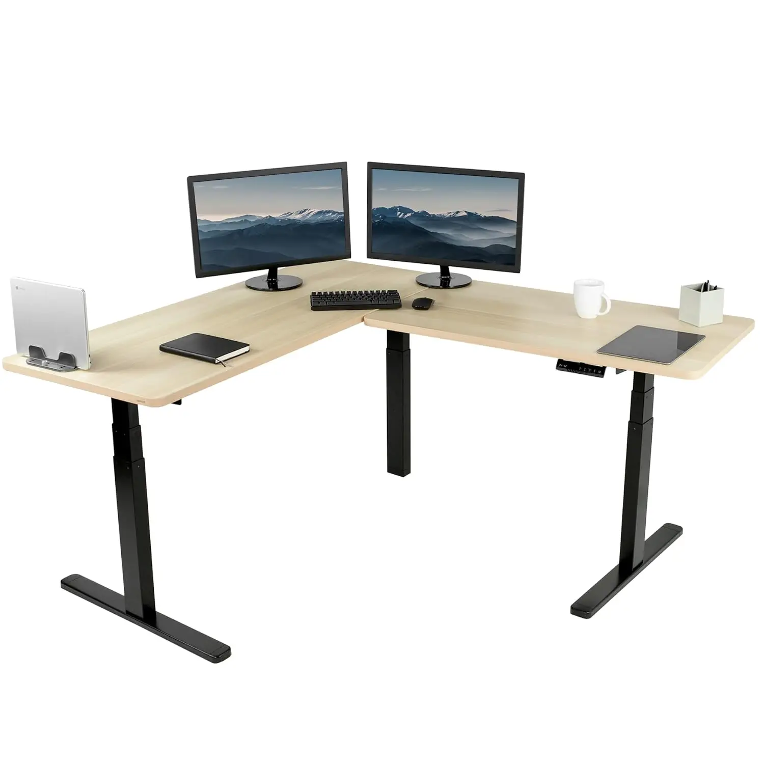 

Electric Height Adjustable 67 x 60 inch Corner Stand Up Desk, 2 Light Wood Solid Table Tops, Black Frame, Memory, Customized
