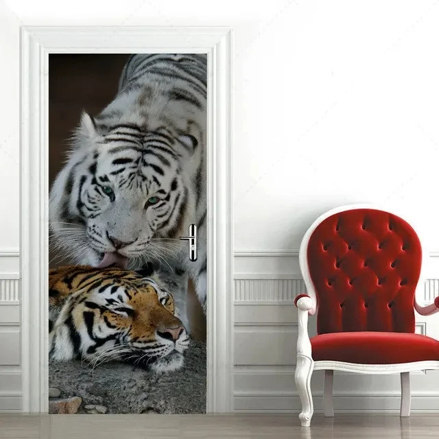 Animal Door Stickers Black and White Tiger Lion Home Decoration Waterproof Door Paper Decoration Bedroom Living Room Door