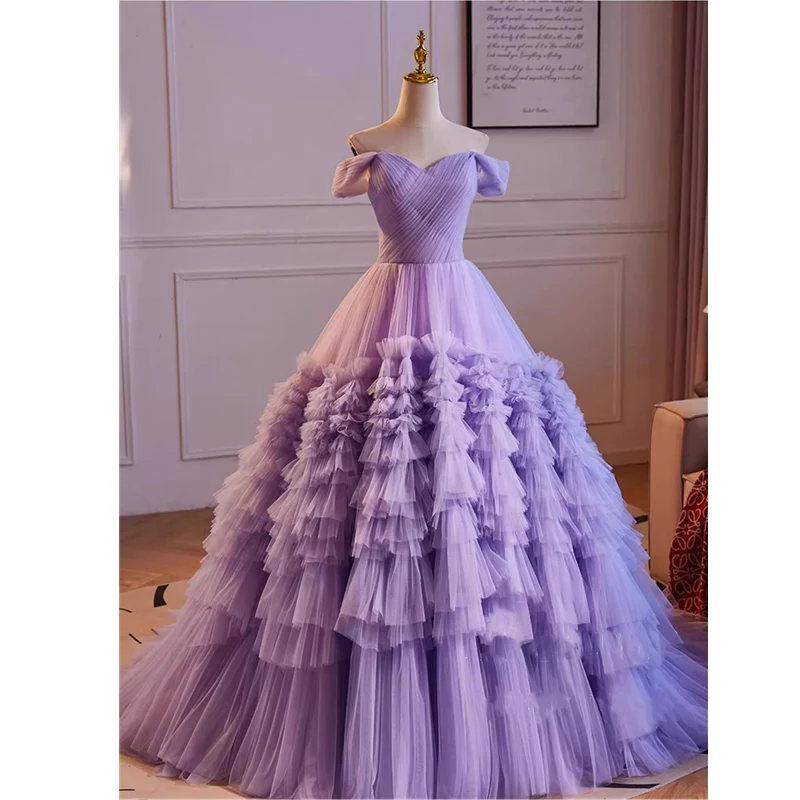 Maßge schneiderte Anlass Kleid lila Tüll Falte von der Schulter Schnürung Prinzessin bodenlangen Plus Size Frauen Abendkleid b2905