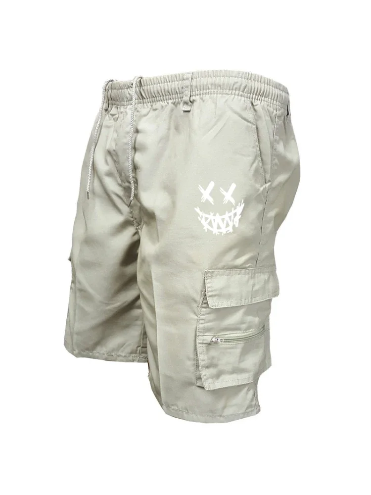 Men's Cargo Shorts Smile Face Print Drawstring Elastic Waist Multi Pockets Zipper Casual Summer Outdoor Short Pants