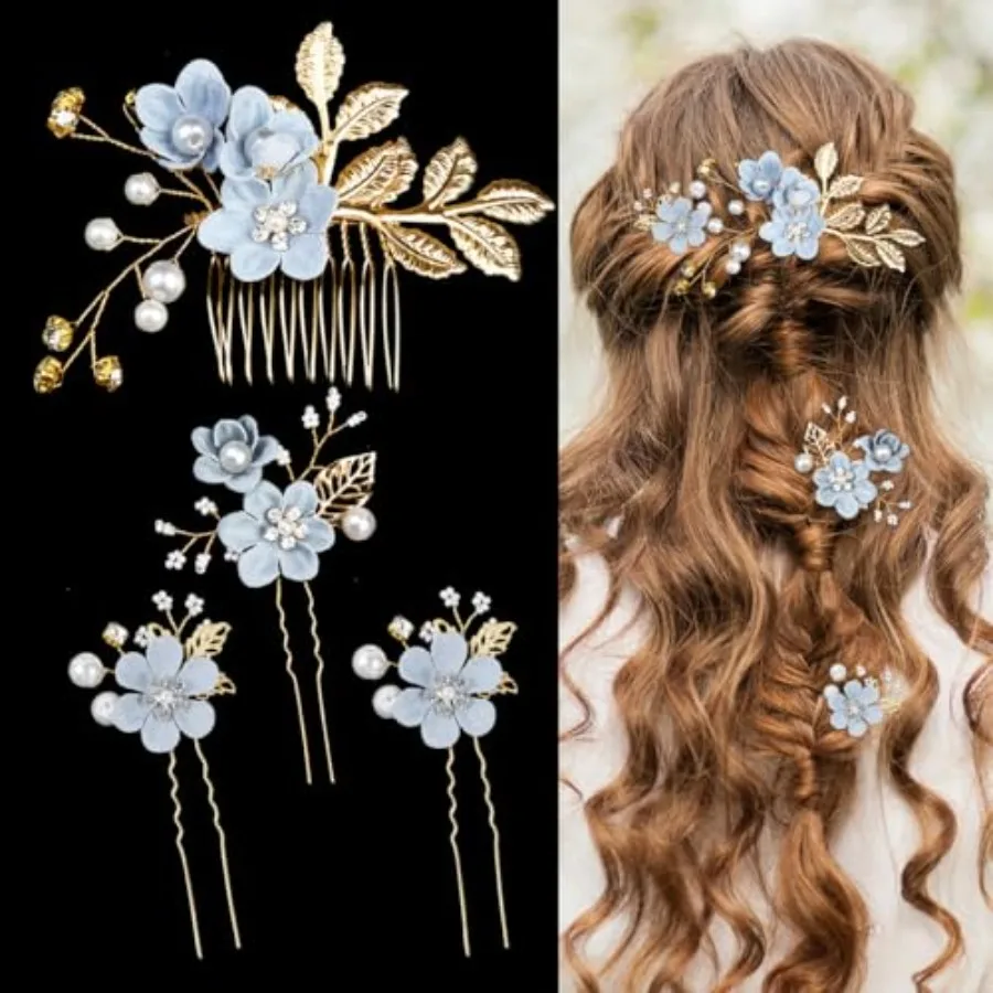 

4 Pieces Wedding Flower Hair Pins Pearl Rhinestone Bridal Hair Combs Vintage Hair Forks Wedding Accessories Headpiece for Bride