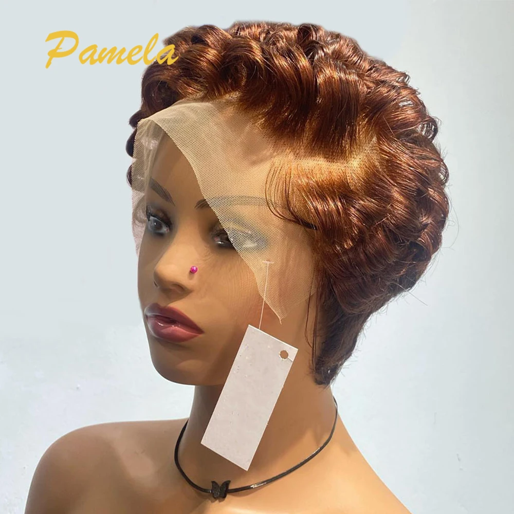 Reddish Brown Short Bob Loose Wave Human Hair Wigs Honey Blonde Short Bob Pixie Cut Transparent Lace Front Wigs For Women