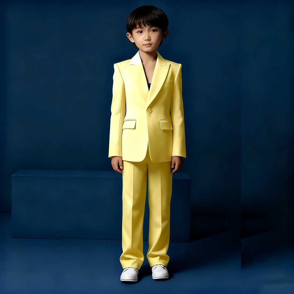 

Yellow Boy's Suits Fashion 2 Piece Jacket Pants Back Vent Single Breasted Peak Lapel Slim Fit Children Outfits Festival Sets
