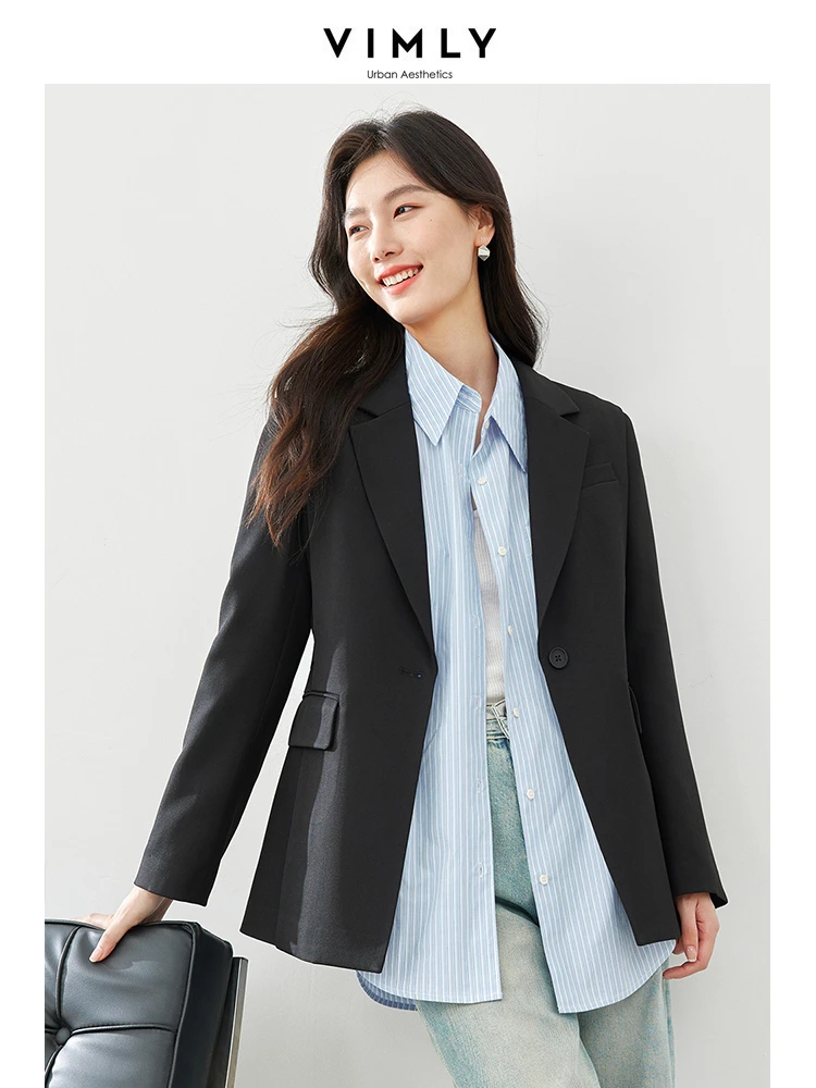 

Vimly Black Blazer for Office Ladies Notched Single Button Women's Jacket 2024 Spring Straight Casual Long Sleeve Coat M5050