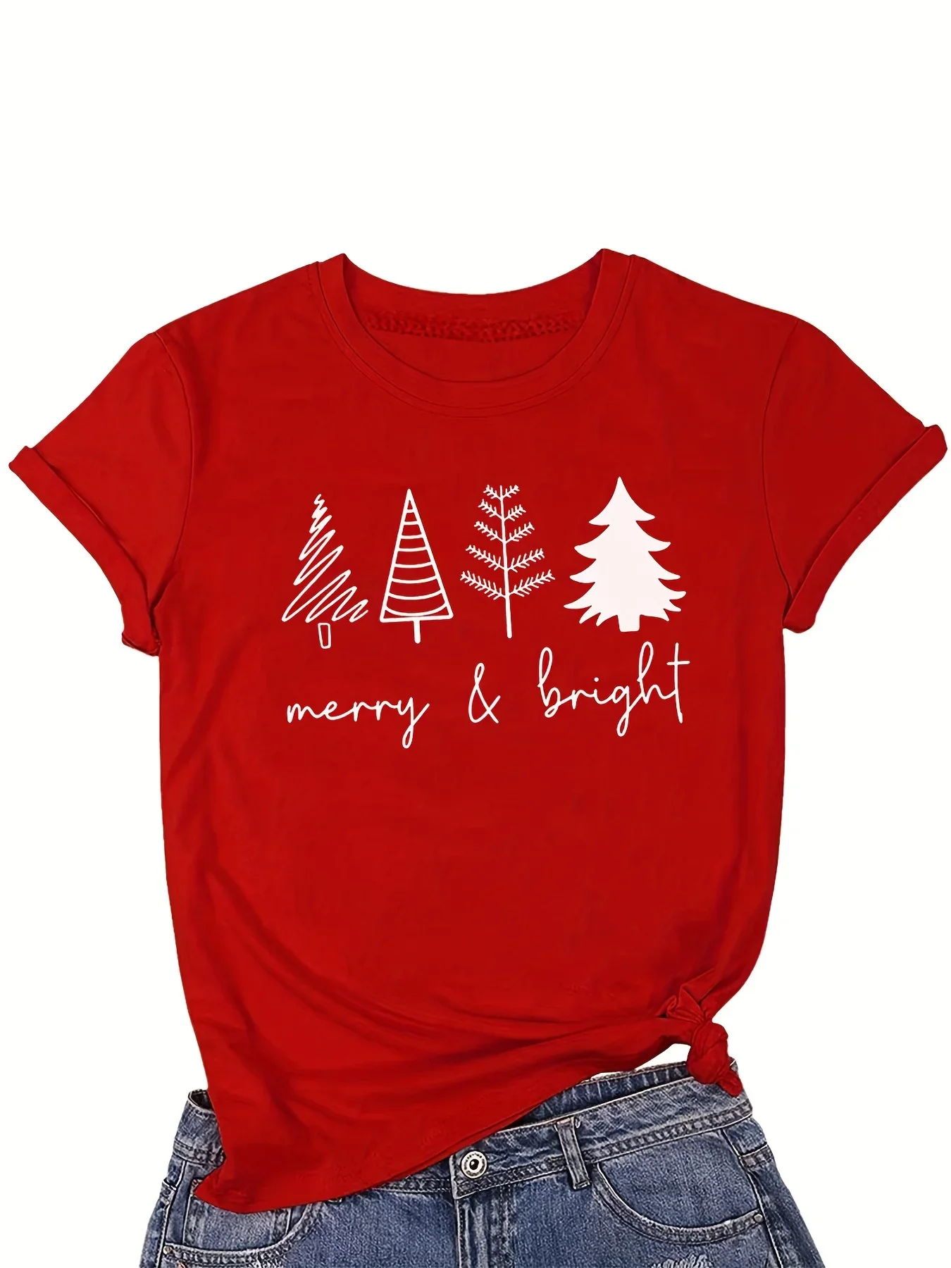 

Christmas Tree Print Tee Casual Sleeve Crew Neck T-shirt Women's Clothing Y2k Top Shirts for Women