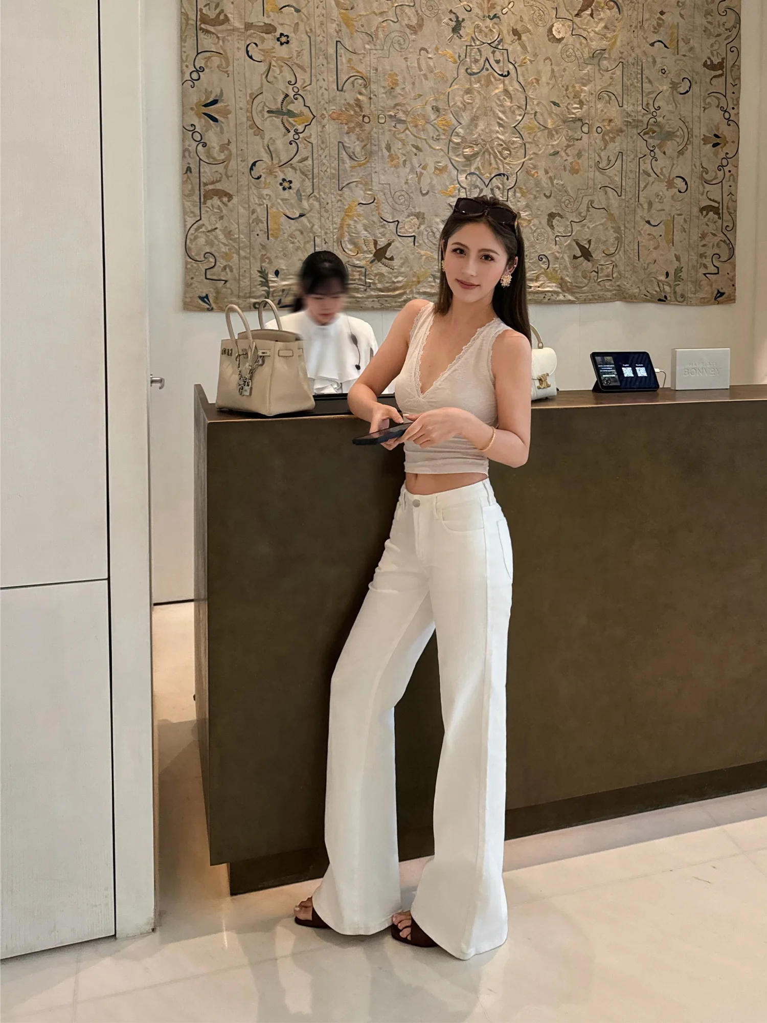 Neva Hu Retro White Bell Bottom Jeans Women's Low Waist Elastic Slimming Long Leggings Cotton Zipper Closure mid Stretch