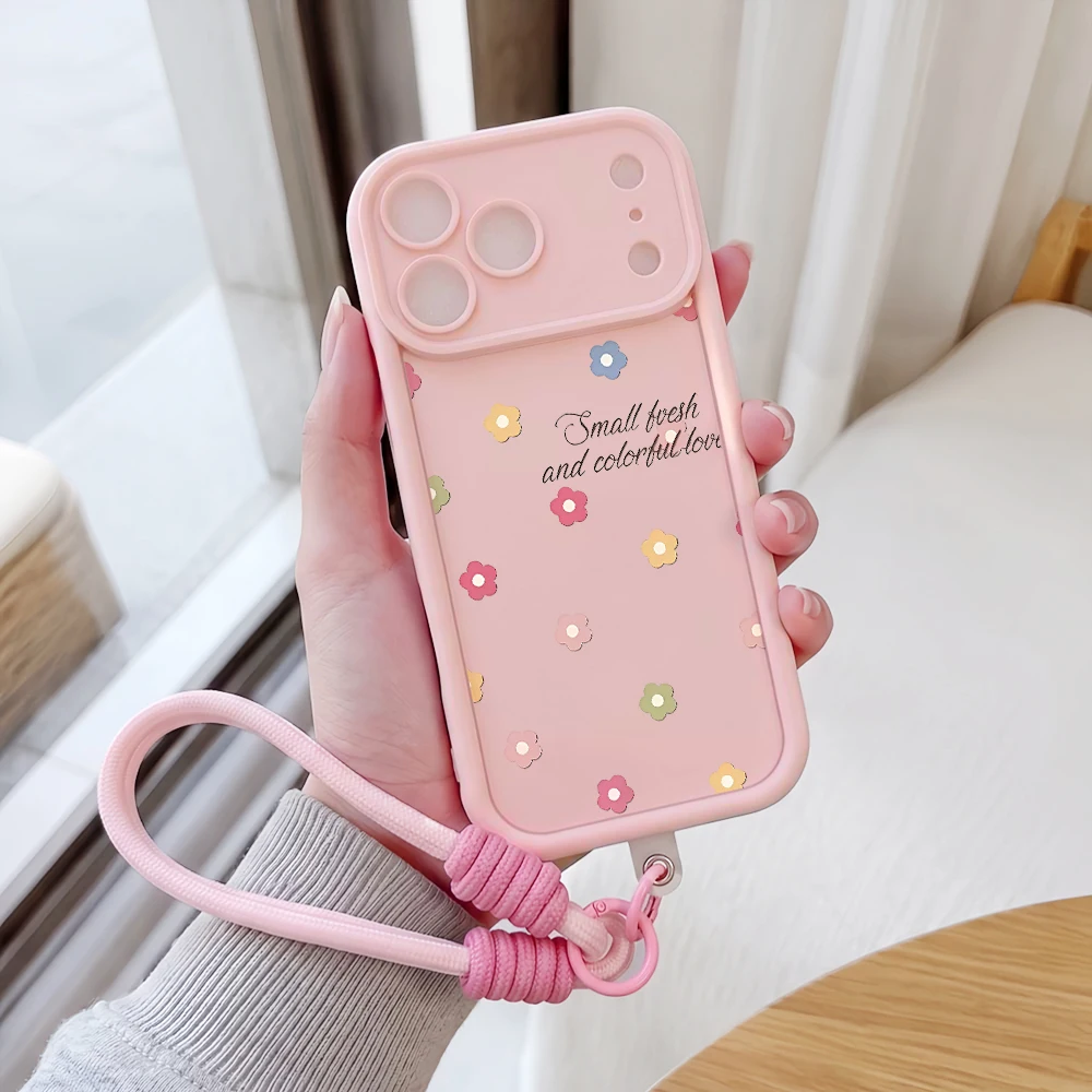 Handyhülle für iPhone 13 14 15 16 17 Pro Max 16 15 14 Pro Plus 17E mit Makronen-Blumenmuster, Lanyard, stoßfest, matt, Silikonhülle – Detail 1