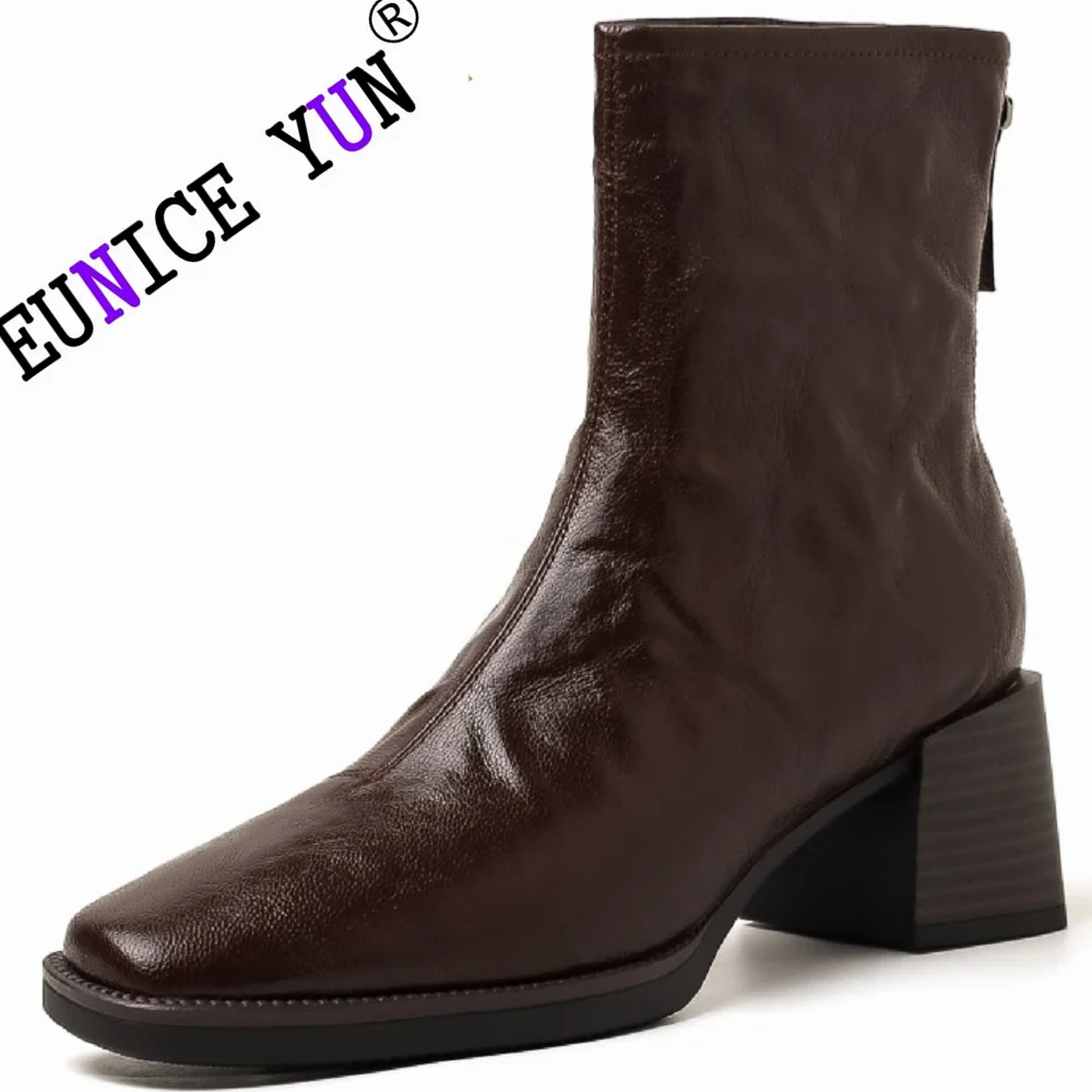 

【EUNICE YUN】Handmade Real Leather Stretch Boots Zipper Chunky High Heels Ankle Boots For Women Autumn Winter Ladies Shoes 34-40