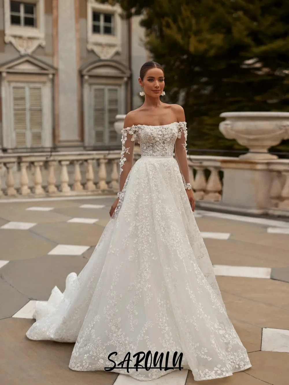 

Stunning 2 in 1 Train Floral Wedding Dress Customized Off Shoulder Zipper Back Shiny Wear Romantic A Line Dreamy Bridal Gown