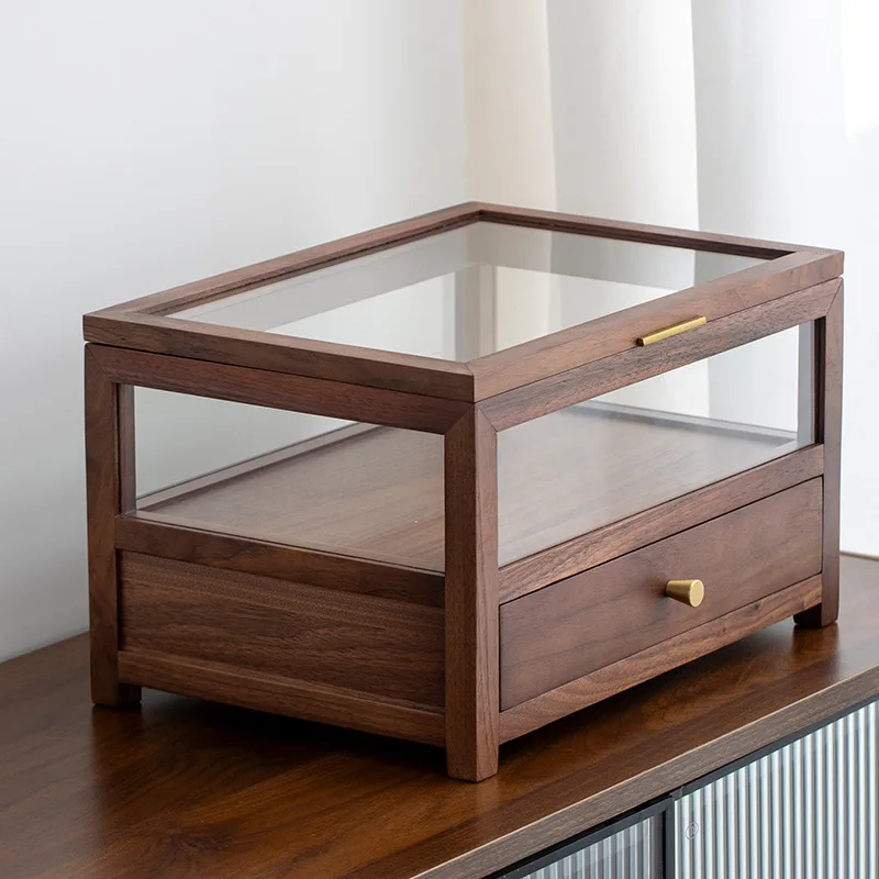 For walnut display storage box New Chinese solid wood transparent glass display storage cabinet
