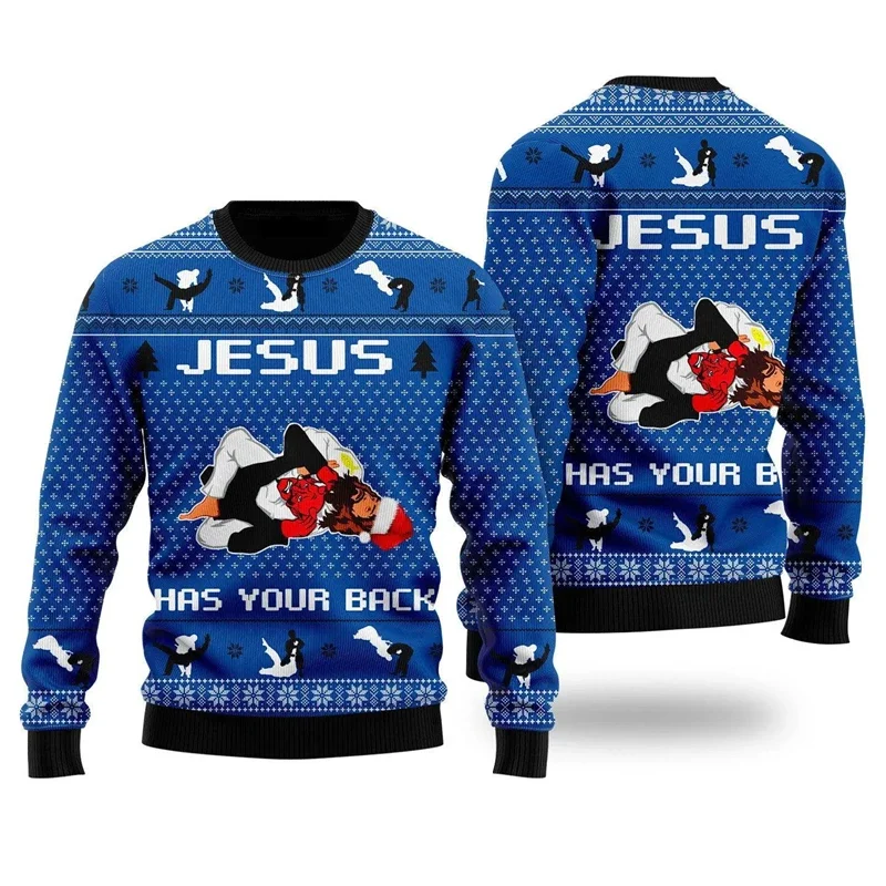 2026 Christmas Santa Claus Jesus Cartoon Men Sweatshirt Retro Ugly Sweater 3D Print Harajuku Y2k Pullover Casual Unisex Clothes