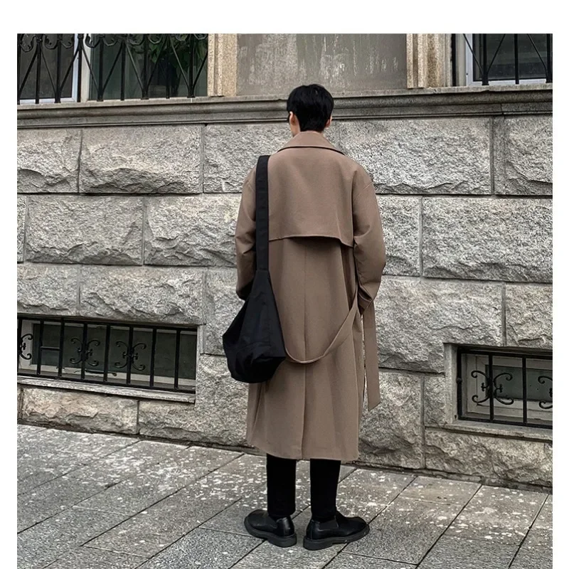 Autumn Men\'s Long Coats with Waistband Knee Length Trench Coat Double Breasted Cool and Fashionable High Street Lapel Trench