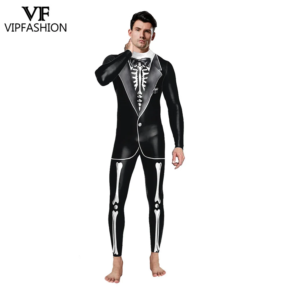 

VIP FASHION Men's Skeleton Tuxedo Pattern Bodysuit, Elastic Halloween Party Jumpsuit Day of the Dead Cosplay Costume Show Outfit