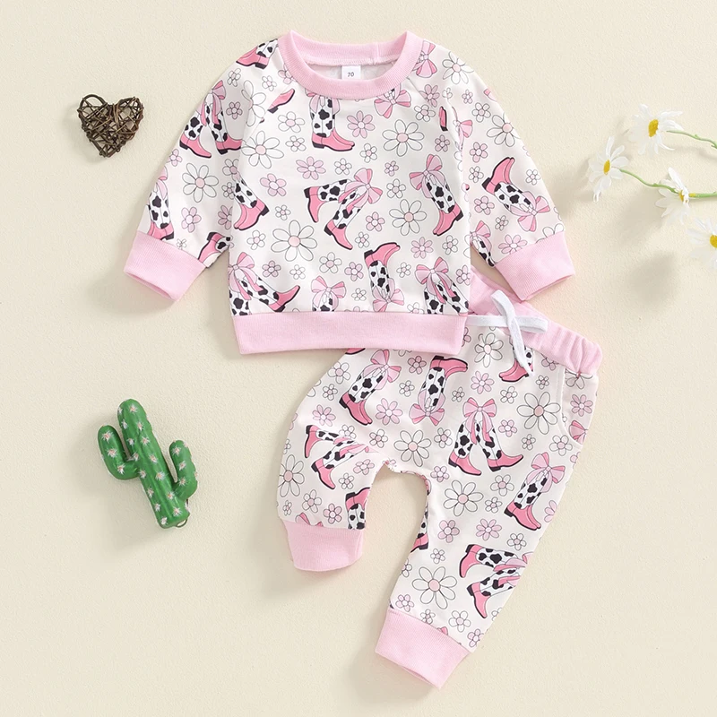 Suefunskry Baby Girls 2Pcs Fall Outfit, Flower Boots Print Long Sleeve Crew Neck Sweatshirt with Elastic Waist Sweatpants