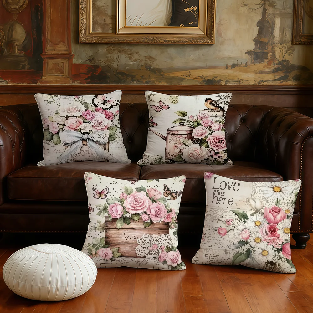 Vintage Flower Bohemia pink cushion cover Plush Fabric Soft Double Sided Print Sofa Cushion Cover Throw Pillow Covers