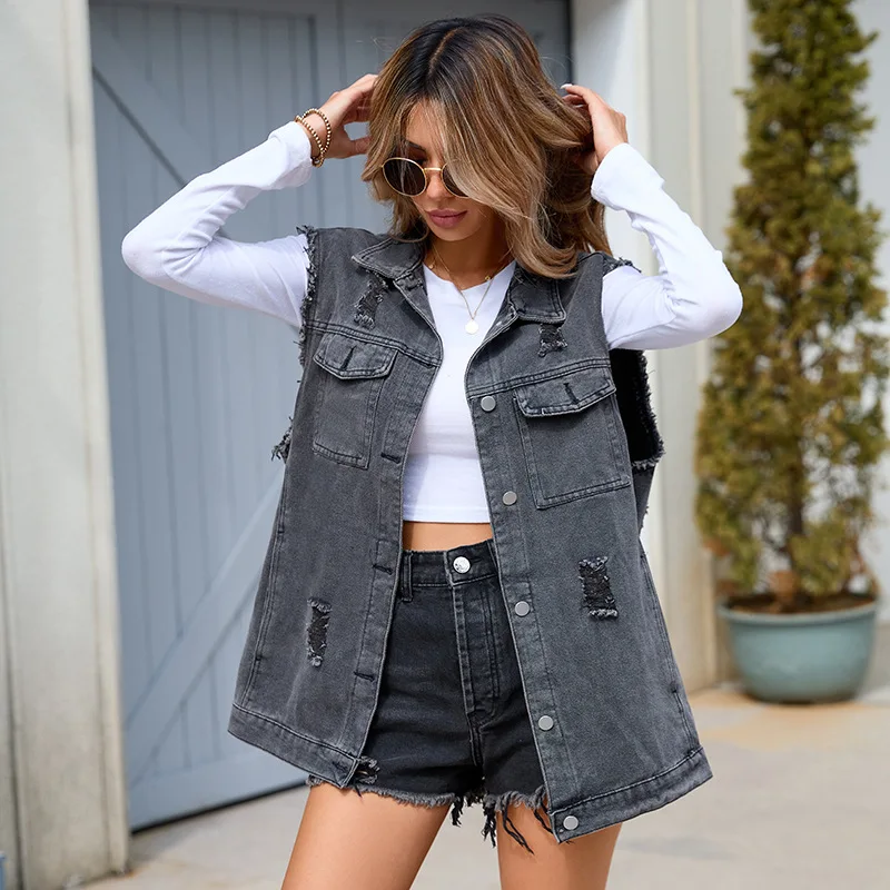 

Women's Fashionable Denim Vest mid to Long Cut Loose Fit Western-Style Jacket for Spring And Autumn plus Size Trendy Vest